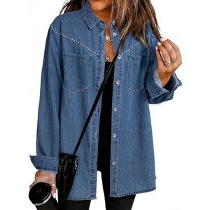 Women's Denim Shirt Long Sleeves Button Down V Neck Denim Jacket Sky Blue